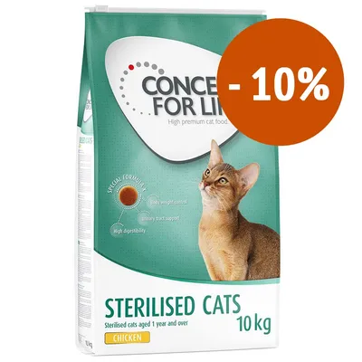 Concept for Life Sterilised Cats Chicken, 10 kg. Sconto -10%. Per gatti sterilizzati da 1 anno in su. Testo visibile: body weight control, urinary tract support, high digestibility.
