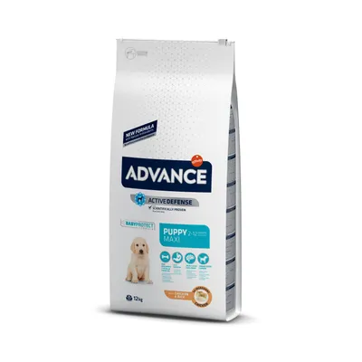 Συσκευασία Advance ActiveDefense Puppy Maxi 2–12 months, 12 kg. Εμφανίζεται κουτάβι, ένδειξη με κοτόπουλο & ρύζι, BabyProtect Formula, Affinity, NEW FORMULA.