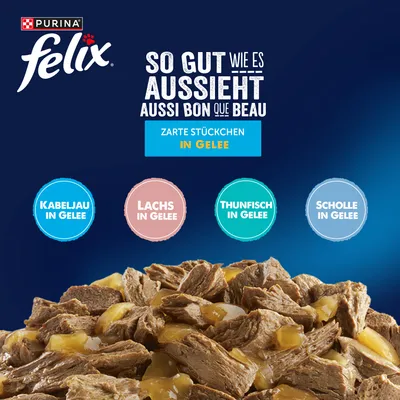 Megapack Felix "So gut wie es aussieht" Pouches 80 x 85 g - Fisch Mix 2 (Scholle, Lachs, Thunfisch, Kabeljau)