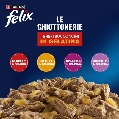 Maxi formato: Felix Le Ghiottonerie 120 x 85 g - Varietà di carne (Pollo, Manzo, Anatra, Agnello)