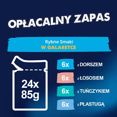 24x85g Rybne Smaki w galarecie: 6x z dorszem, 6x z łososiem, 6x z tuńczykiem, 6x z flądrą.