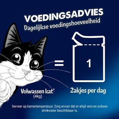 Voedingsadvies: Volwassen kat (4, kg) krijgt 1 zakje per dag. Zorg altijd voor vers drinkwater. Voedingsadvies: Volwassen kat (4, kg) krijgt 1 zakje per dag. Zorg altijd voor vers drinkwater.