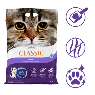 Intersand Classic litière pour chat lavande, 14 kg. Triple Action : contrôle des odeurs, agglomération forte, sans poussière. Symboles pour nettoyage facile et utilisation sans odeur.