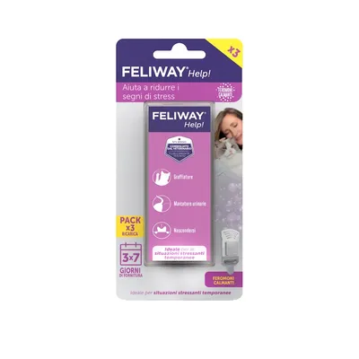 Feliway Help! ricarica, riduce segni di stress come graffiature, marcatura urinaria e nascondersi. Confezione da 3x7 giorni. Contiene feromoni calmanti.