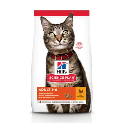 Confezione di crocchette per gatti Hill's Science Plan Adult 1-6 con pollo. Testo visibile: supports immunity, healthy digestion and lean muscles in adult cats. No artificial colors/flavors.