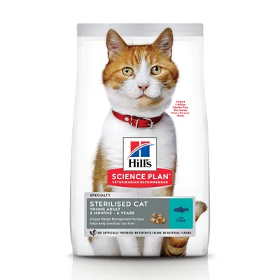 Confezione Hill's Science Plan Sterilised Cat Young Adult 6 mesi–6 anni con tonno. Testo visibile: Unique Weight Management Formula, helps keep sterilised cats lean. Immagine di un gatto.