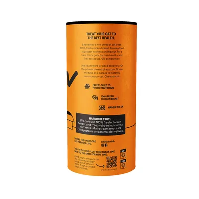 Cat treat packaging stating 100% fresh chicken breast, freeze-dried to protect nutrition, made in the UK. No cheap grains or animal derivatives. Includes feeding and usage suggestions.