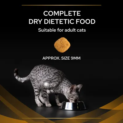 Complete dry dietetic food suitable for adult cats, showing a single kibble piece with approximate size 9mm and a cat eating from a bowl.