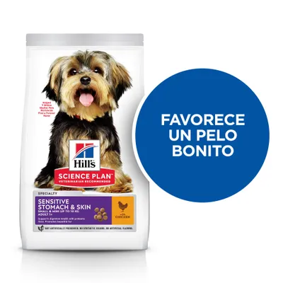 Hill's Science Plan Sensitive Stomach & Skin con pollo para perros pequeños y mini hasta 10 kg. Texto visible: Favorece un pelo bonito.