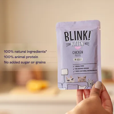 BLINK! Kitten Chicken Fillets in Jelly, 100% natural ingredients, 100% animal protein, no sugar or grain, grain-free, for kittens aged 2–12 weeks. BLINK! Kitten Chicken Fillets in Jelly, 100% natural ingredients, 100% animal protein, no sugar or grain, grain-free, for kittens aged 2–12 weeks.