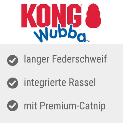 KONG Wubba. Texte en allemand : langer Federschweif, integrierte Rassel, mit Premium-Catnip.