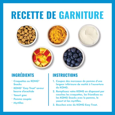 Guide de recette pour garnir un KONG : liste des ingrédients avec croquettes, snacks KONG, Easy Treat au beurre de cacahuète, yaourt grec, morceaux de pomme et myrtilles, ainsi qu’un mode d’emploi étape par étape. Guide de recette pour garnir un KONG : liste des ingrédients avec croquettes, snacks KONG, Easy Treat au beurre de cacahuète, yaourt grec, morceaux de pomme et myrtilles, ainsi qu’un mode d’emploi étape par étape.