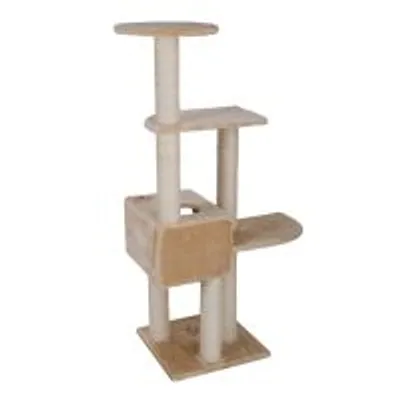 Drapak dla kota z jasnego materiału, trzy poziomy, słupki owinięte sizalem, kwadratowa podstawa i domek na środku konstrukcji.