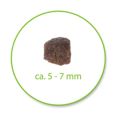 Granulka karmy o wymiarach ok. 5–7 mm, widoczna na białym tle z zielonym obramowaniem i podpisem „ca. 5–7 mm”.