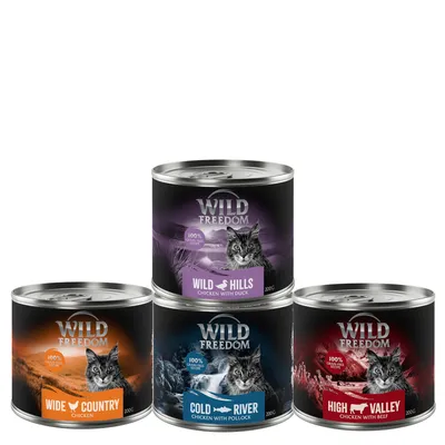 Cztery puszki Wild Freedom 200 g: Wide Country Chicken, Cold River Chicken with Pollock, High Valley Chicken with Beef, Wild Hills Chicken with Duck. Widoczne zdjęcia kota i krajobrazy.