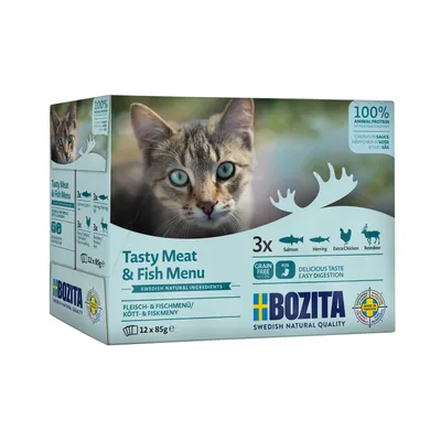 BOZITA Tasty Meat & Fish Menu, 12×85g. 3× losos, sleď, kuře, sob. Grain free, 100% animal protein, Swedish natural ingredients. Vyobrazená kočka na obalu.