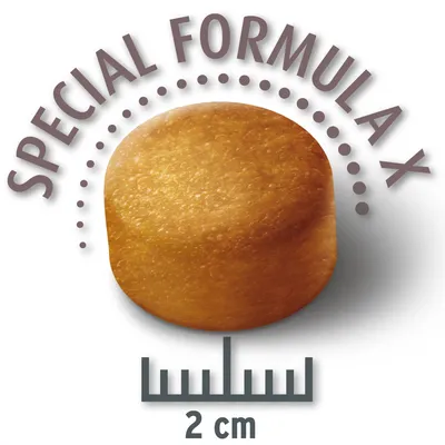 Crocchetta con la scritta 'Special Formula X' e indicazione della misura di 2 cm.