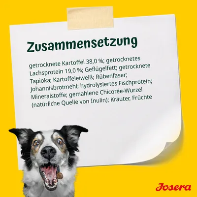 Zusammensetzung: getrocknete Kartoffel 38 %, Lachsprotein 19 %, Geflügelfett, Tapioka, Rübenfaser, Johannisbrotmehl, Fischprotein, Mineralstoffe, Chicorée-Wurzel, Kräuter, Früchte. Josera.