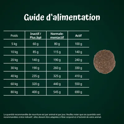 Guide d’alimentation : tableau des quantités recommandées par poids de l’animal (5 à 80 kg) et niveau d’activité, de 60 g à 690 g/jour. Croquette visible à droite.