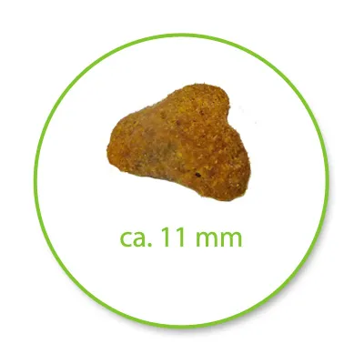 Гранула с приблизителен размер 11 мм, показана в близък план с надпис „ca. 11 mm“ под нея.