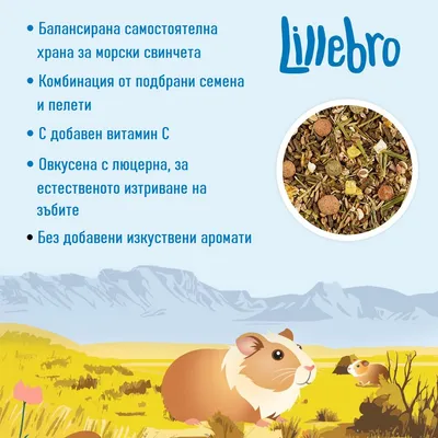 Lillebro. Балансирана храна за морски свинчета, комбинация от семена и пелети, с витамин C, овкусена с люцерна, без изкуствени аромати. Видими съставки на сместа.