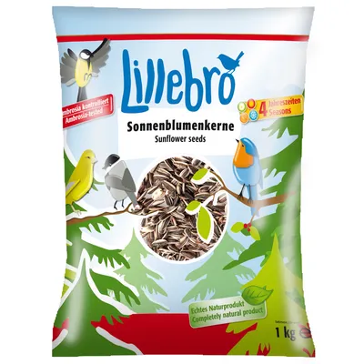 Lillebro Sonnenblumenkerne Sunflower seeds, sac de graines de tournesol 1 kg, texte en allemand et anglais, mentions Ambrosia kontrolliert, 4 Jahreszeiten, Completely natural product visibles sur l’emballage.