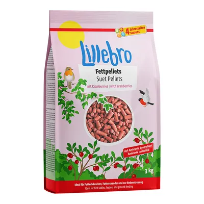 Lillebro Fettpellets med tranbär, 3 kg. Text: Suet Pellets, mit Cranberries, Ambrosia controlled, 4 seasons. För fågelbord, automater och markutfodring.