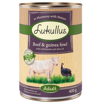 Lukullus Adult marha és gyöngytyúk erdei bogyókkal és olívaolajjal, 400g konzerv. Eredeti íz, harmóniában a természettel.