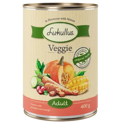 Lukullus Veggie Adult, sárgarépa tökkel és mangóval, 400 g. Eredeti íz, in Harmony with Nature.