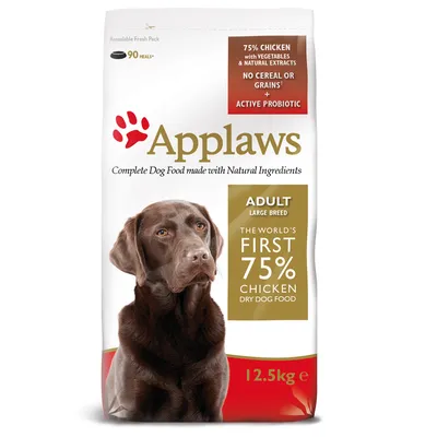 Zak Applaws Adult Large Breed hondenvoer, 12,5 kg. Tekst: 75% chicken with vegetables & natural extracts, no cereal or grains, active probiotic, the world's first 75% chicken dry dog food.