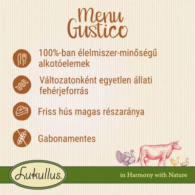 Menu Gustico: 100%-ban élelmiszer-minőségű alkotóelemek, egyetlen állati fehérjeforrás, friss hús magas részaránya, gabonamentes. Lukullus.