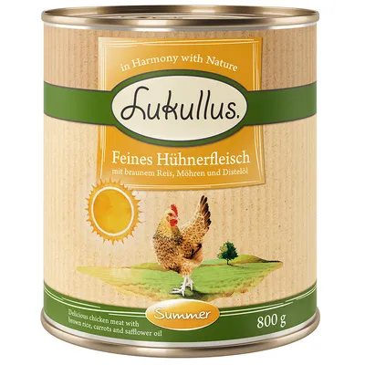 Lukullus tenera carne di pollo con riso integrale, carote e olio di cartamo. Lattina da 800 g. In Harmony with Nature. Summer Edition.