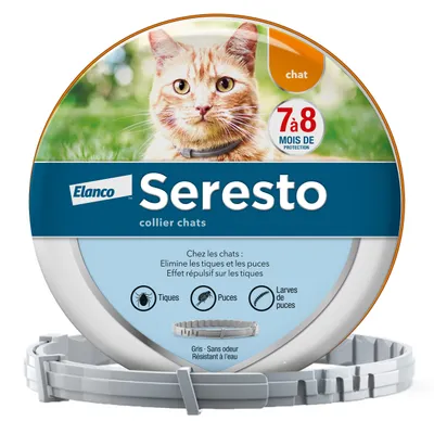 Seresto collier chats Elanco, 7 à 8 mois de protection, élimine tiques et puces, effet répulsif sur les tiques, gris, sans odeur, résistant à l’eau. Pour chats.