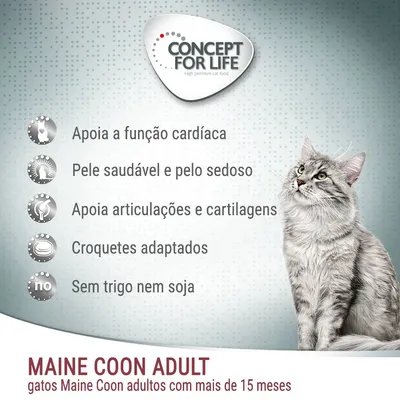 Concept for Life. Apoia a função cardíaca, pele saudável e pelo sedoso, apoia articulações e cartilagens, croquetes adaptados, sem trigo nem soja. Maine Coon Adult gatos adultos +15 meses.