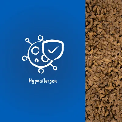 Hypoallergen. Symbol eines Schutzschilds mit Häkchen und Molekülstruktur, daneben braune Trockenfutterstücke.