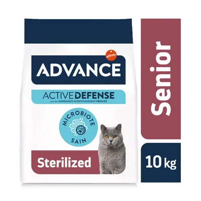 Advance Active Defense Senior Sterilized, 10 kg, avec texte Microbiote sain et image d’un chat gris. Mention ingrédients scientifiquement prouvés visible sur l’emballage.