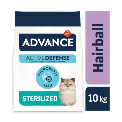 Sac Advance Active Defense Hairball pour chats stérilisés, 10 kg. Texte visible : Microbiote sain, avec des ingrédients scientifiquement prouvés, Sterilized, Affinity.