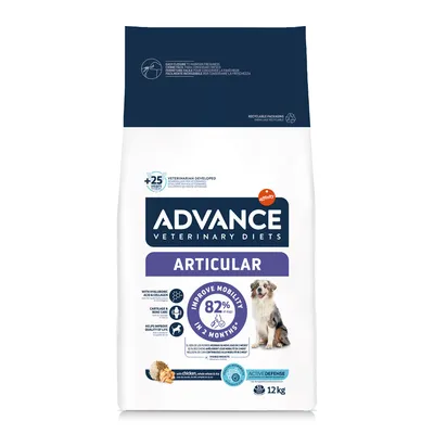 Saco de 12 kg Advance Veterinary Diets Articular para cães, com texto visível: 'Improve mobility 82% of dogs in 2 months', imagem de cão e indicação de frango como ingrediente.