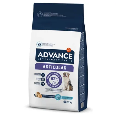 ADVANCE Veterinary Diets Articular dry dog food, 12kg bag. Text: 'Improve mobility 82% in 2 months', with chicken, hyaluronic acid & collagen. Image of a dog on front.