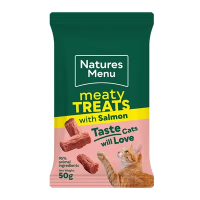 Natures Menu meaty treats with salmon, 95% animal ingredients, net weight 50g. Text: Taste cats will love. Image shows treat pieces and a cat.