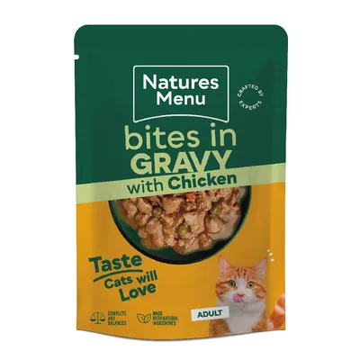 Natures Menu bites in gravy with chicken, complete and balanced, made with natural ingredients, adult, taste cats will love.