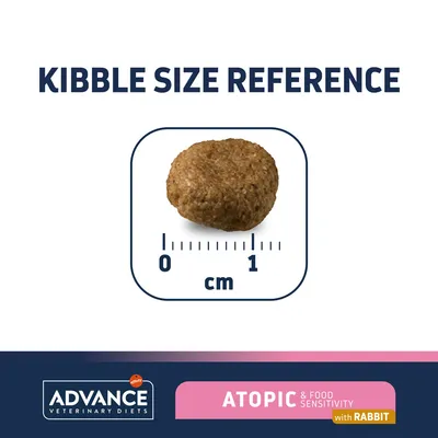 Kibble size reference with 1 cm scale, ADVANCE Veterinary Diets branding, ATOPIC & Food Sensitivity with Rabbit text visible