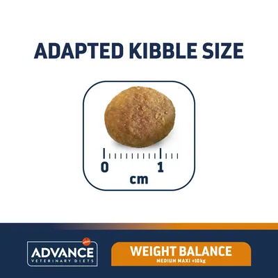Kutyatáp szemcse mérete: kb. 1 cm, feliratok: ADAPTED KIBBLE SIZE, ADVANCE VETERINARY DIETS, WEIGHT BALANCE MEDIUM MAXI +10 kg