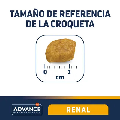 Tamaño de referencia de la croqueta Advance Veterinary Diets Renal, imagen de una croqueta junto a regla en cm mostrando tamaño aproximado de 1 cm.