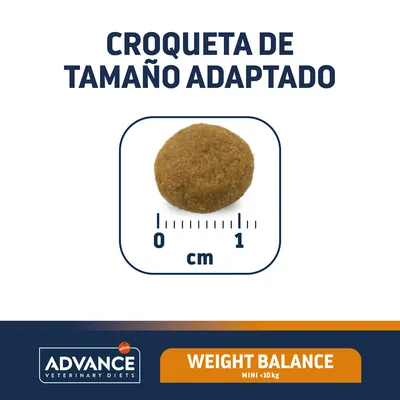 Croqueta de tamaño adaptado, diámetro aproximado 1 cm. Advance Veterinary Diets Weight Balance MINI <10 kg.