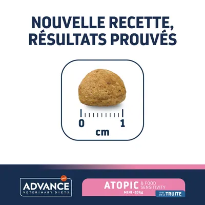Croquette Advance Veterinary Diets Atopic & Food Sensitivity Mini <10 kg avec de la truite, nouvelle recette, résultats prouvés, diamètre visible 1 cm.