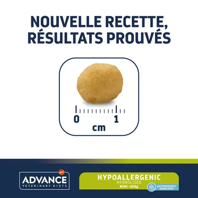 Nouvelle recette, résultats prouvés. Croquette Advance Veterinary Diets Hypoallergenic Hydrolised Mini <10 kg, diamètre environ 1 cm, mention Gastroenteric Double Diète.