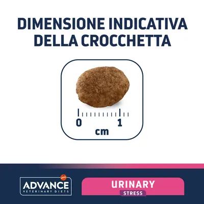 Dimensione indicativa della crocchetta Advance Veterinary Diets Urinary Stress: circa 1 cm. Testo visibile: DIMENSIONE INDICATIVA DELLA CROCCCHETTA, ADVANCE VETERINARY DIETS, URINARY STRESS.
