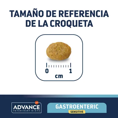 Tamaño de referencia de la croqueta Advance Veterinary Diets Gastroenteric Sensitive, diámetro aproximado 1 cm según escala visual.