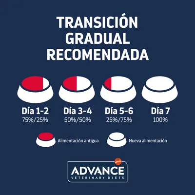 Tabla de transición gradual recomendada: Día 1–2 75%/25%, Día 3–4 50%/50%, Día 5–6 25%/75%, Día 7 100%. Advance Veterinary Diets. Alimentación antigua y nueva diferenciadas.